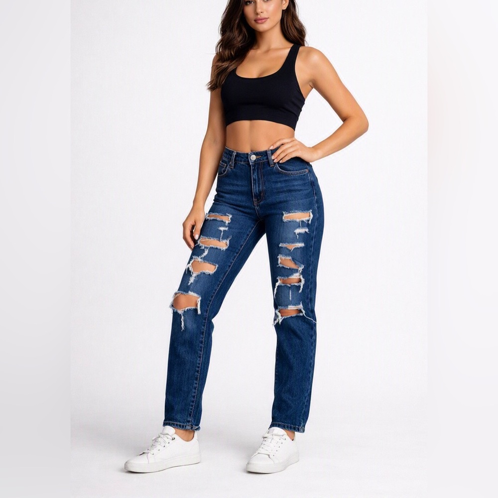 NWT Women's Slim Straight Ripped Jeans - Dark Blue - Picture 1 of 4